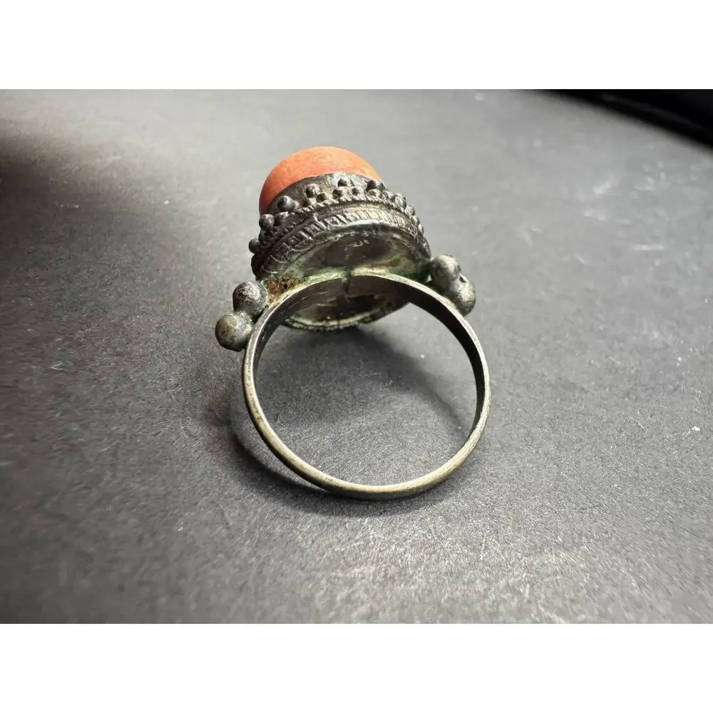 Vintage Bawsani Yemen Tribal Silver Tone Red Coral 12.5mm Statement Ring Sz 7.75
